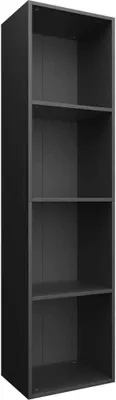 A black, four-shelf bookcase or TV stand is shown against a white background.