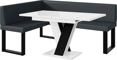 Produktbild von MEBLINI Eckbank für Esszimmer mit ausziehbarem Tisch  - Küchenbank - Essecke - Sitzecke Küche - TONI - U-Beine 128x168x87cm Links - Dunkelgrau Kunstleder/M Weiß-Schwarz Hochgl.