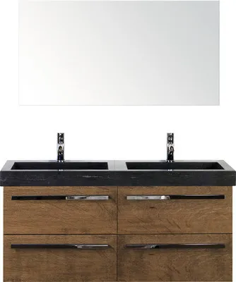 Produktbild von Sanox Badmöbel-Set Seville BxHxT 121 x 170 x 45,5 cm Frontfarbe tabacco mit Waschtisch Naturstein schwarz, Waschtischunt