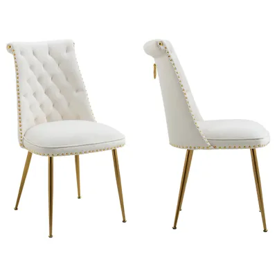 Produktbild von Esszimmerstuhl Set aus 2 klassischen Samt-Dining-Stühlen, hohe Rückenlehne, ergonomische Unterstützung, Retro-Design mit goldenen Nieten, Beige