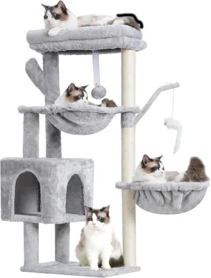 Image de Arbre à gratter Kratzbaum, 100 cm de hauteur, 2 hamacs, poteaux en sisal, couleur gris clair, pour chats