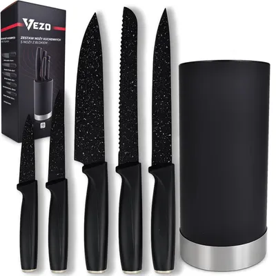 Produktbild von Messerblock Küchenmesser Set 5 teilig VEZO Kochmesser Brotmesser Messer Set mit Block Schwarz