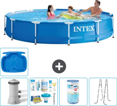 Produktbild von Intex Rundrahmen-Schwimmbecken – 366 x 76 cm – Blau – inklusive Pumpe Wartungspaket - Filter - Leiter - Fußbad