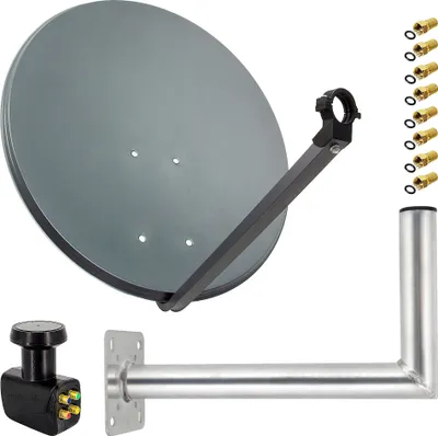 A satellite dish and its components are displayed against a white background.
