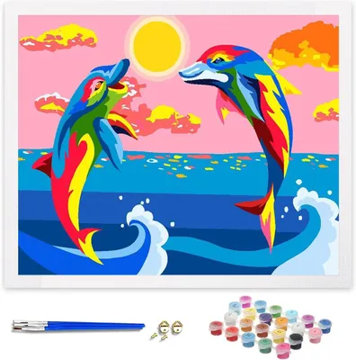 Productafbeelding van Schilderen op Nummer voor Kinderen en Volwassenen - DIY Canvas Olieverfkit met Borstels en Acrylverf 40 x 50 cm - Dolfijnen