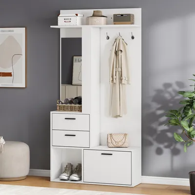 Immagine prodotto di Set di armadi a muro MODFU con specchio e panca, armadio bianco, set per l'ingresso con 2 cassetti e 3 ganci, dimensioni 90x30x180 cm