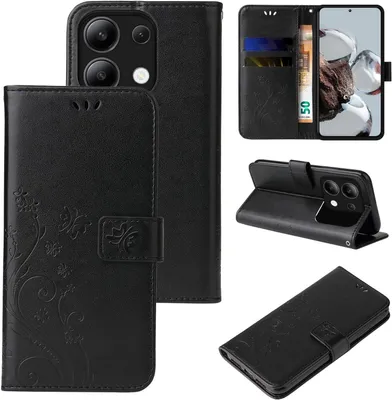 Produktbild von Handyhülle für Xiaomi Redmi Note 13 Floral Blumen Schmetterling Flip Cover Hülle Case Klapphülle Handytasche Farbe: Schwarz