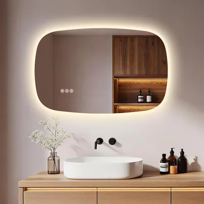 Image de S'AFIELINA 70×45 cm miroir mural LED - miroir de salle de bain avec éclairage, verre HD , intensité lumineuse variable, LED 3 couleurs, antibuée, suspension horizontale & verticale