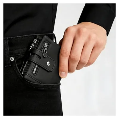 Produktbild von Herren Geldbörse aus Leder mit Kette und RFID Schutz, Portemonnaie mit 14 Kartenfächern und Reißverschluss-Münztasche, inklusive Geschenkbox (Schwarz)