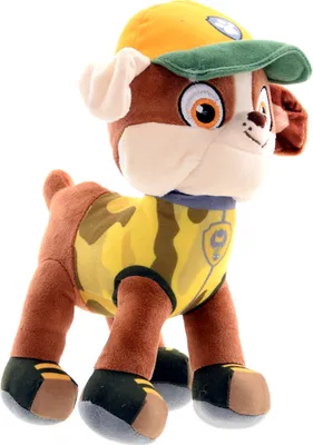 A plush toy dog wearing a camouflage vest and a yellow and green hat.