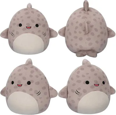 Four views of a plush toy shark.