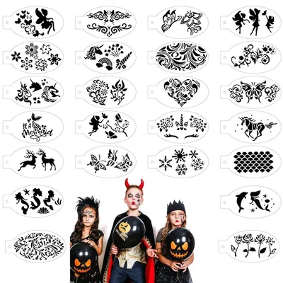 Immagine prodotto di Modelli riutilizzabili per tatuaggi temporanei, 24 pezzi, ideali per il viso e il corpo, perfetti per feste a tema Halloween e per il trucco