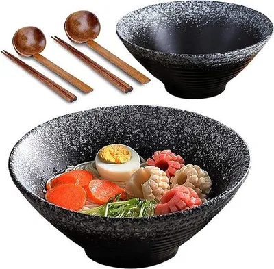 Immagine prodotto di Ciotola in Vetroceramica per salse - Ciotola per salse da noodle giapponesi da 1080 ml con cucchiaio e bacchette - Ciotola in Vetroceramica da 20 cm