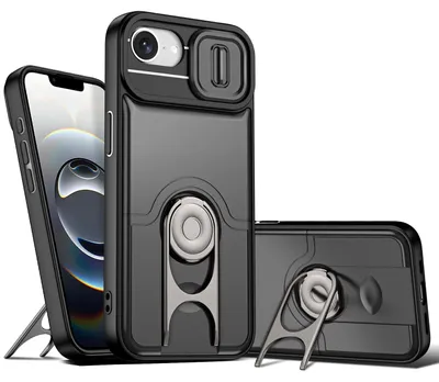 Image de Coque pour iPhone 16e / iPhone 17e avec protection pour l'appareil photo et anneau-support, coque hybride antichoc, noire