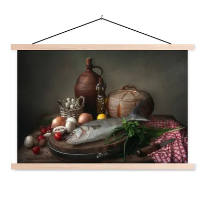 Produktbild von MuchoWow® Textilposter Rustikal - Fisch - Stilleben - Gemüse - Kräuter 60x40 cm mit holzfarbenen Rahmen - Bilder