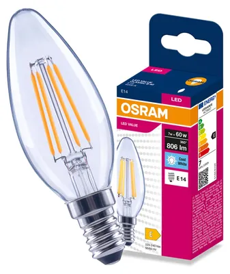 Produktbild von LED-Lampe E14, "Świeczka" Modell, B35, 7W = 60W, 806lm, 4000K (neutralweiß), 300°, Filament, VALUE, Osram, KI-generiertes Bild