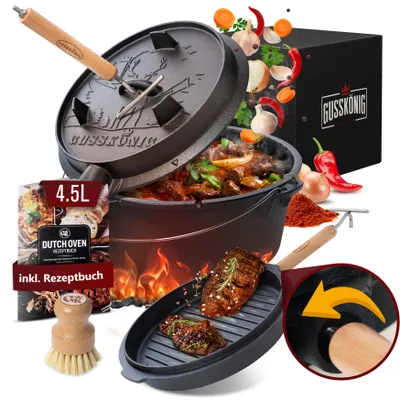 Obrázek produktu pro Sada holandské trouby GUSSKÖNIG [4,5 l] s nožičkami - zapékací hrnec s inovativním zvedákem poklice 2v1, kartáčem a knihou receptů [pro 1-3 osoby]