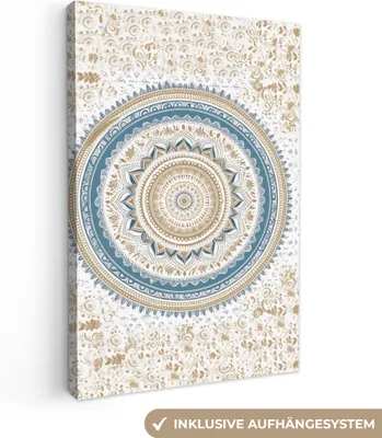 Produktbild von MuchoWow® - Leinwandbilder - Mandala - Blau - Bohème - Weiß - Design, Wandbild, Wanddeko Bilder Wohnzimmer, 80x120cm