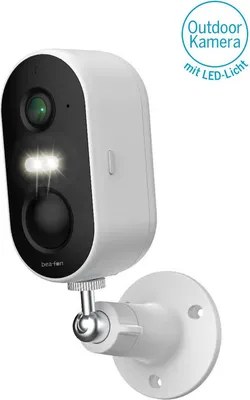 A white Beafon Überwachungskamera Safer 2L Smart Home IP65 camera mounted on a white bracket against a white background.
