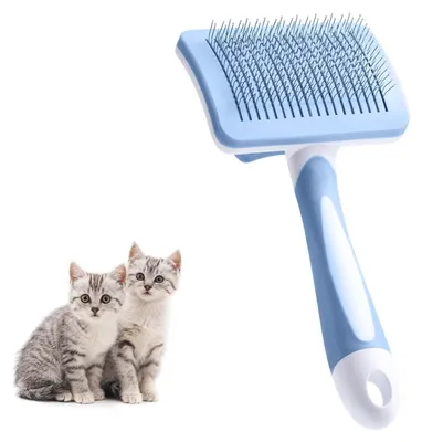 Produktbild von Vinabo Selbstreinigende Katzenbürste für Kurzhaar & Langhaar, Unterfellbürste mit One-Click-Reinigung, Blau