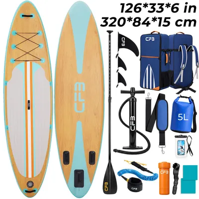 Produktbild von Stand Up Paddle Board 320x84x15 cm, MB. bis 160 kg, extra breit, Holzoptik SUP Board Set mit Paddel, Pumpe, Rucksack für Anfänger & Erwachsene