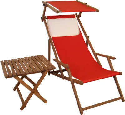 Produktbild von Strandstuhl rot Sonnenliege Gartenliege Buche dunkel Sonnendach Tisch Kissen 10-308 S T KH