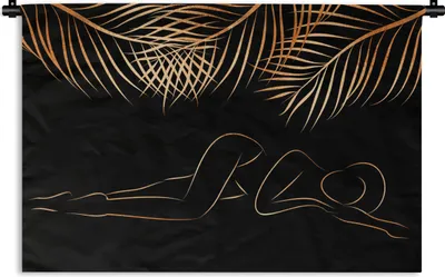 Produktbild von MuchoWow® Wandteppich Wandbehang Frau - Palmwedel - Gold - Strichzeichnung 120x80 cm Tapisserie Dekoration Wandtuch - Wanddekorationen - Wandtücher