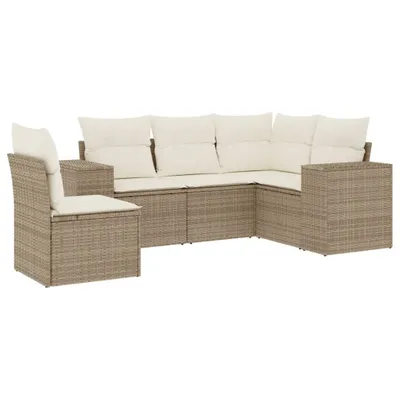 Produktbild von Modulares Garten-Sofa-Set, 5-teilig, mit Stauraum & wasserabweisendem Beutel, Poly Rattan Beige, UV-beständig, abnehmbare & waschbare Kissen Cremeweiß