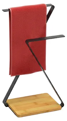 Obrázek produktu pro Relaxdays Stojan na ručníky na pracovní desku, HBT 36,5 x 26,5 x 15 cm, dvouramenný, stojan na dekorace, koupelna, kuchyně, železo, bambus, černý