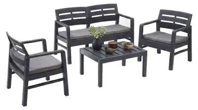 Produktbild von Outdoor-Lounge-Set Massa, Gartengarnitur mit 2 Sesseln, 1 Sofa und 1 Couchtisch, Innen- und Außensitzgruppe mit Kissen, 100 % Italy, Anthrazit