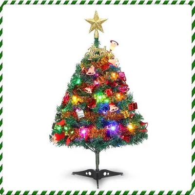 Image de Arbre de Noël artificiel Unyqoos® de 60 cm – Arbre de table avec guirlande lumineuse LED (3 piles AA), 70 branches, en PVC et métal, avec décorations et étoile incluses