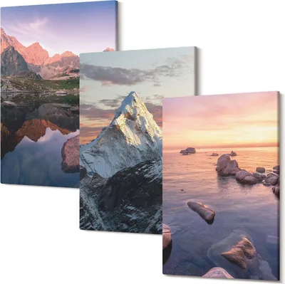 Produktbild von Wandbild – Leinwandbild – Leinwandbilder – Polycanvas – Kunstdruck – Modern – Panorama – Mehrteilig – 3-Teilig Set – Hochwertig – Lichtecht – Geruchslos – 20x30 Cm Je Element - Berglandschaften mit Wasser und Felsen im Hintergrund