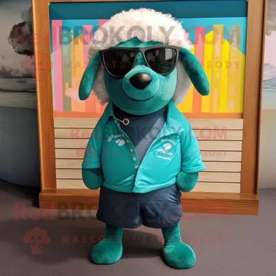 Produktbild von Blaugrüner REDBROKOLY Suffolk-Schaf Maskottchen Kostüm charakter bekleidet mit Shorts und Sonnenbrille