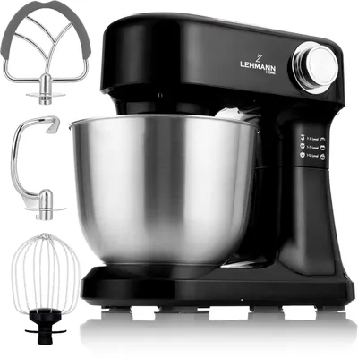 A black stand mixer with a stainless steel bowl and various attachments, displayed on a white background.