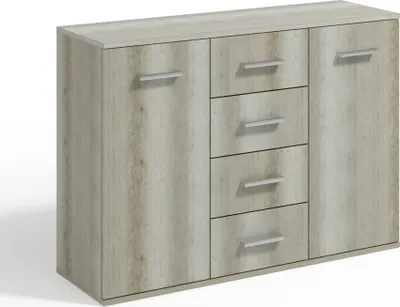 Produktbild von Masseno Kommode GIACOMO II 112 cm Sideboard mit 4 Schubladen und 2 Türen für Wohnzimmer Schlafzimmer Modern 112x33x85 cm Hellgrau / Hellgrau