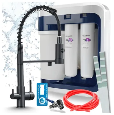 Immagine prodotto di Miscelatore da cucina a tre vie, modello Solid Spring, nero opaco, con doccetta estraibile, incluso sistema di filtraggio dell'acqua Aquaphor Ro-202S Pro
