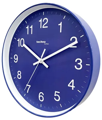 A blue analog wall clock with white hands and numbers.