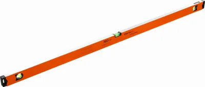 A long, orange aluminum spirit level on a white background.