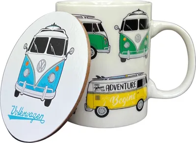 Produktbild von Puckator Volkswagen VW T1 Bulli Tasse & Untersetzer Set aus Porzellan, 300 ml / Becher