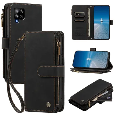 Produktbild von Handyhülle für Samsung Galaxy A42 5G, Leder Klapphülle mit Kartenfächern, Reißverschlussfach und Handschlaufe Schwarz
