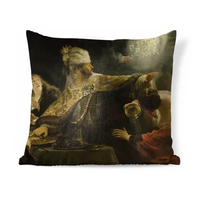 Produktbild von MuchoWow® Zierkissen Sofakissen Wohnzimmer Dekokissen 50x50 cm Das Gastmahl des Belsazar - Gemälde von Rembrandt van Rijn - Komfort - Sofakissen