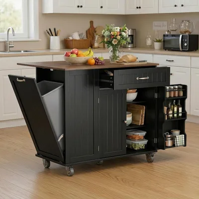 Produktbild von Küchenwagen mit Rollen und klappbarer Arbeitsplatte, rollbare Kücheninsel mit Schublade, Müllschrank, Messerhalter und Handtuchhalter, Küchenschrank, 113 x 51 x 90 cm, Schwarz