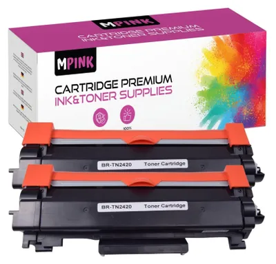 A product shot of two toner cartridges in front of their packaging.