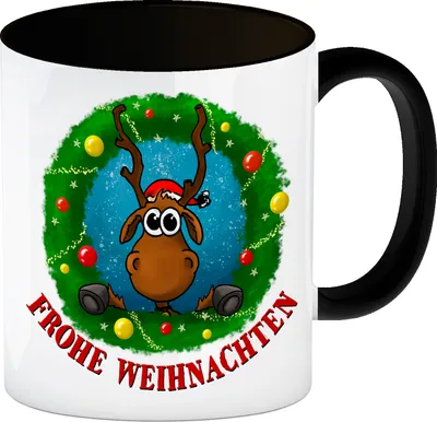 Produktbild von Frohe Weihnachten Kaffeebecher Henkel und Innenseite Schwarz mit Rentier