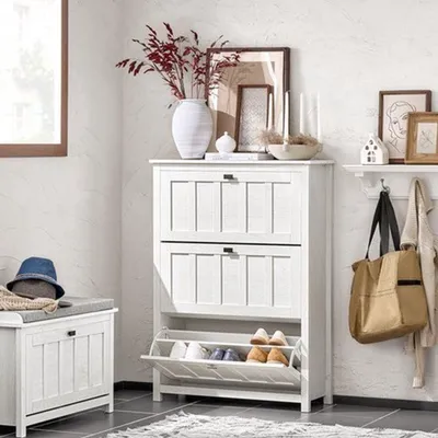 Immagine prodotto di Armadio per scarpe bianco, stretto, con 3 ante e ripiani regolabili, ideale per l'ingresso