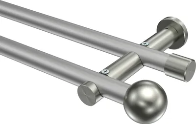 Produktbild von Interdeco Gardinenstange / Vorhangstange Silbergrau / Edelstahl-Optik, Typ Platon Luino (Kugel) ohne Ringe, 20 mm Ø 2-läufig, 540 cm