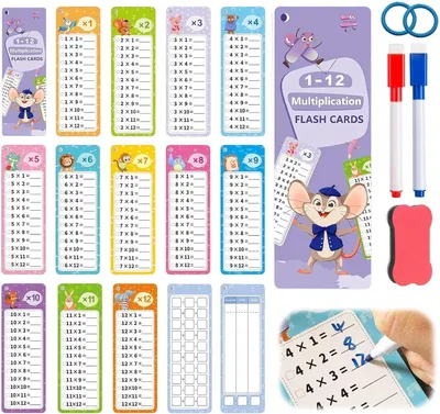 Produktbild von Pädagogisches Einmaleins-Lernspiel für Kinder, 15 Lernkarten mit Einmaleins-Markern, zum Lernen und Üben des Einmaleins zu Hause oder in der Schule