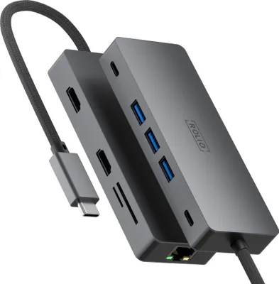 Produktbild von Rolio USB C Hub, Dual HDMI, 1x Ethernet 1Gbps, 3x USB 3.0, 2x USB-C, 2x SD/TF Karten, Geeignet für Macbook Pro / Air / Windows / iPad Pro / iPhone / Galaxy / HP / Dell / Lenovo / Universal