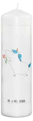 Produktbild von Mr. & Mrs. Panda Kerze Einhorn Blume 29 x 8 cm XL - Weiß - Geschenk, Stumpenkerze, Einhörner, Freundin, Pärchen, Wachskerze, Liebe, Ehe, Erinnerungskerze, Bedruckte