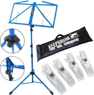 Image de keepdrum MUS3BL Pupitre de musique bleu avec 4 pinces à musique
